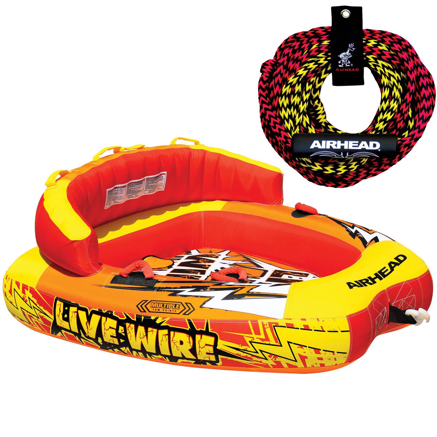 AIRHEAD AHLW-2 Live Wire 2 Inflatable 1-2 Rider Towable Tube + 50'/60' Tow Rope