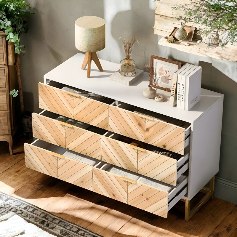 6 Drawers Dresser with Metal Leg and Handle for Bedroom  Storage Cabinet with Brown Wood Finish Drawer  Black+Brown