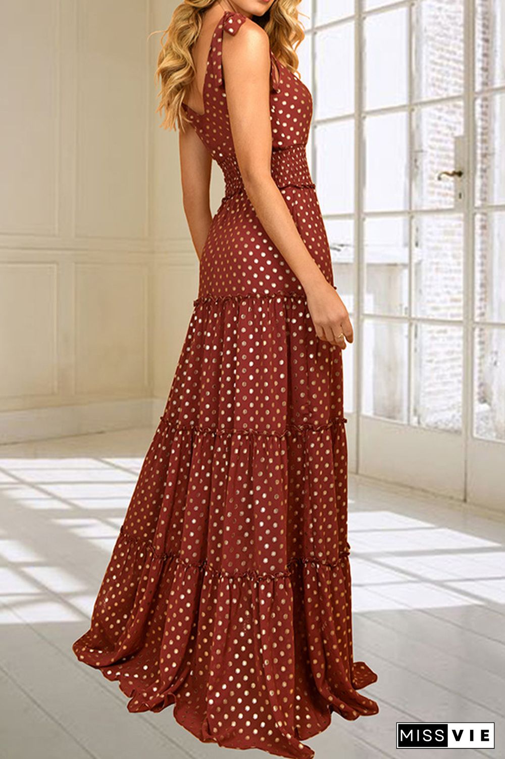 Polka Dot V Neck Sleeveless Long Dress Wholesale