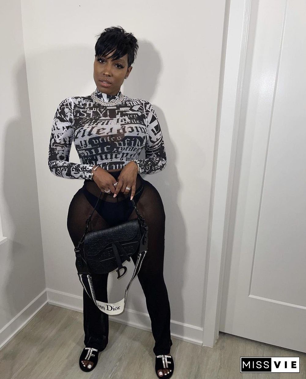 Fashion Sexy Mesh Printed T-Shirt Top