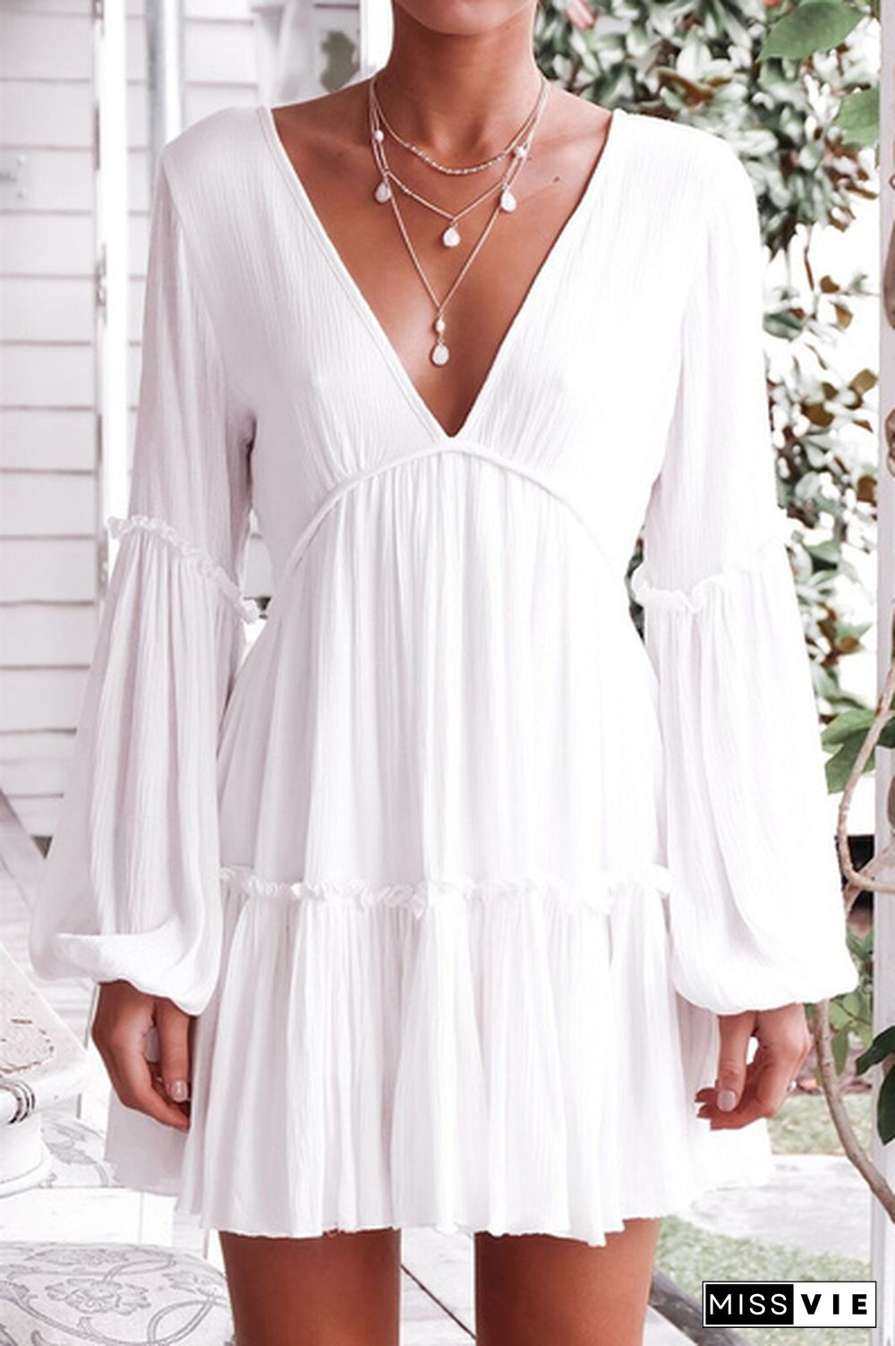 Women Fashion Deep V-neck Long Sleeve Dress Backless White Dress Casual Beach Mini Dress