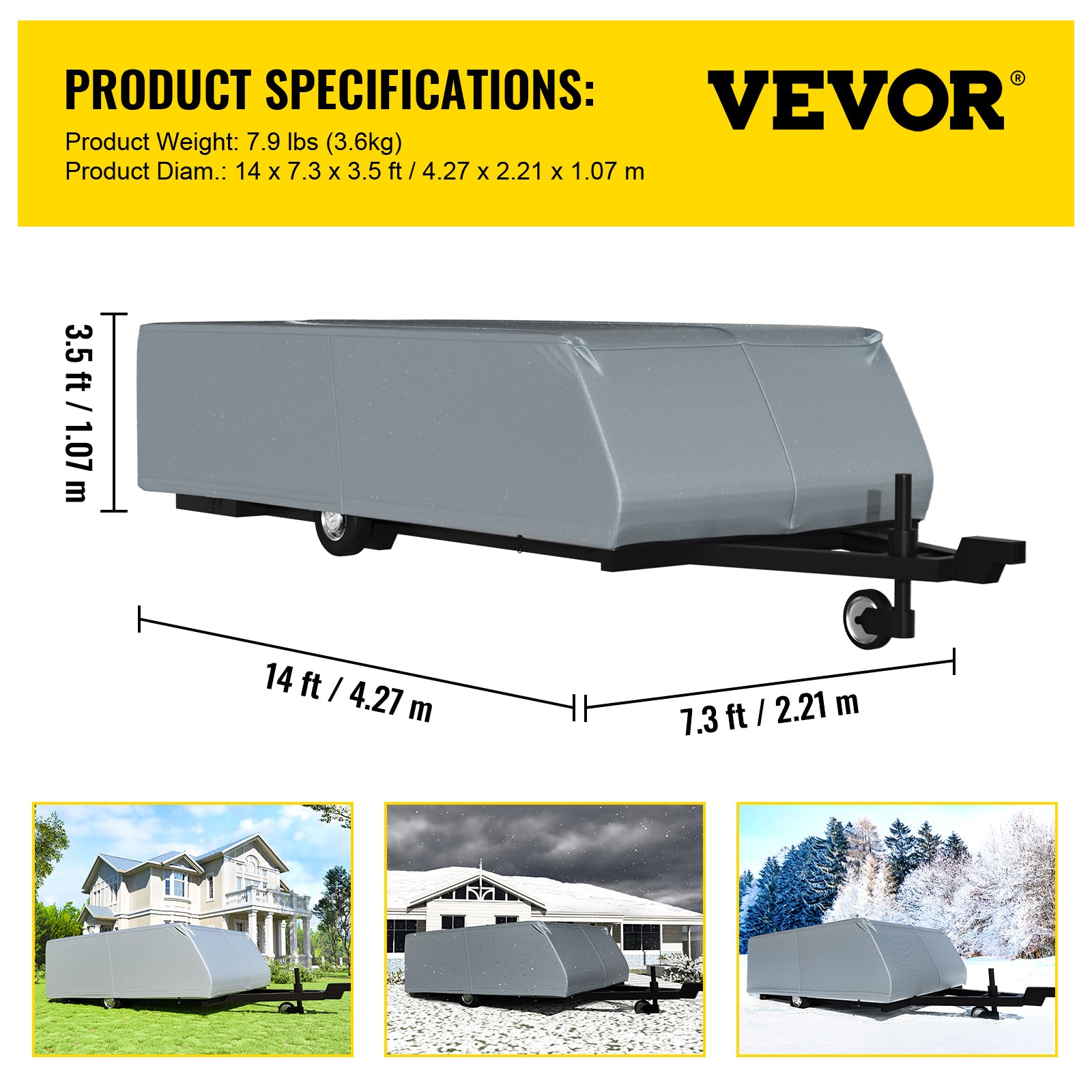 VEVOR Pop Up Camper Cover， Fit for 12'-14' Trailers， Ripstop 4-Layer Non-woven Fabric Folding Trailer Covers， UV Resistant Waterproof RV Storage Cover w/ 3 Wind-proof Ropes and 1 Storage Bag， Gray