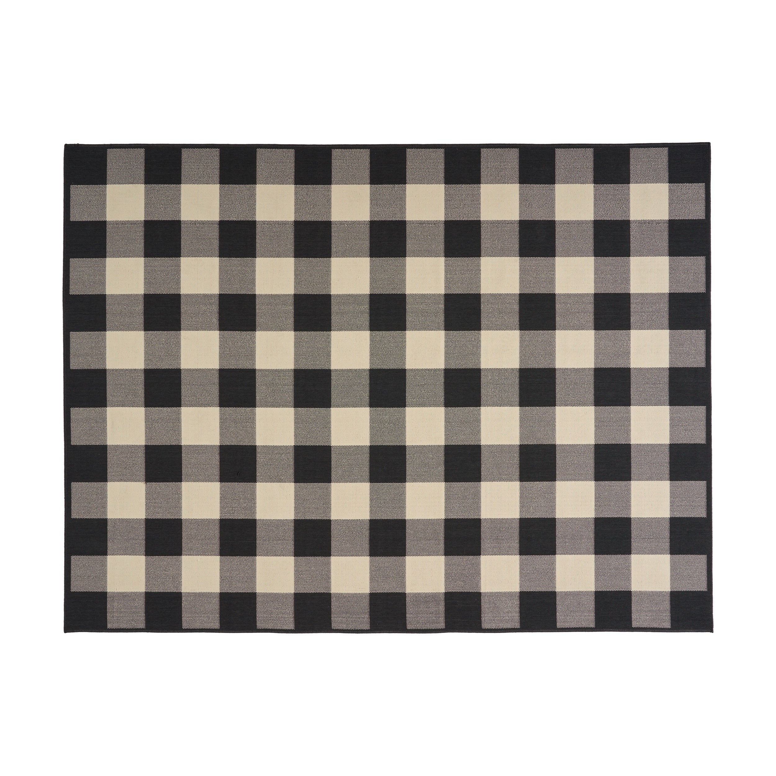 Jessica Outdoor Check Area Rug, Black and Ivory