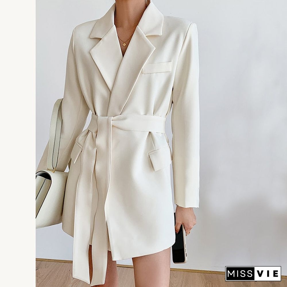 Women's Spring Jackets Elegant White Black Office Wear with Belt Suit Blazer Coat Long Sleeve Ladies Blazer Dress for Women