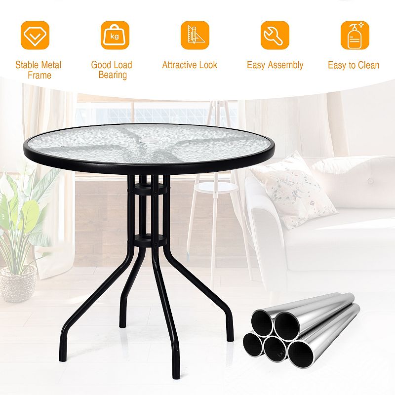 32 Inch Outdoor Patio Round Tempered Glass Top Table with Umbrella Hole