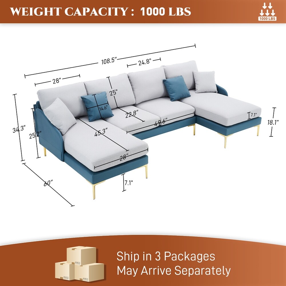 Ouyessir U Shape Sectional Sofa 4 Seat Couch with Double Chaise Lounge