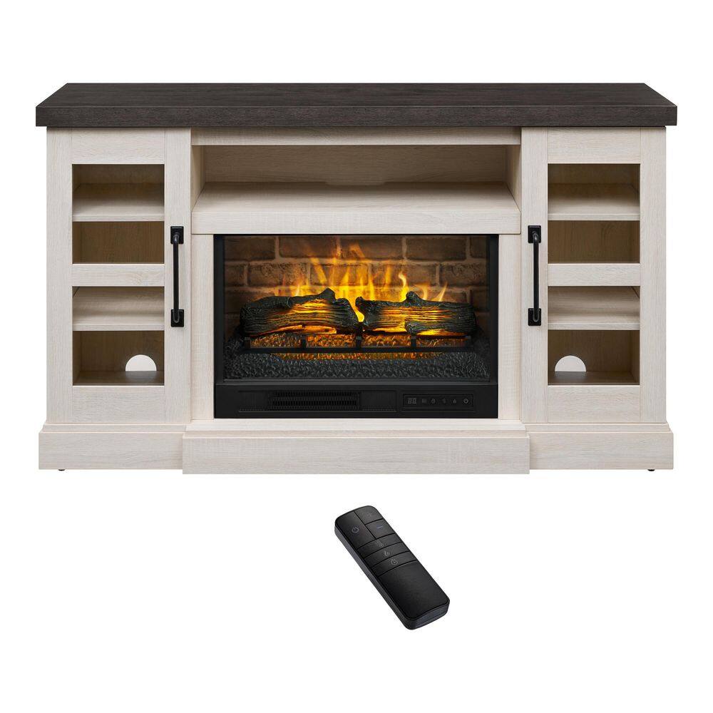 StyleWell Chelsea 58 in. Freestanding Electric Fireplace TV Stand in Light Taupe Ash Grain w Charcoal Top HDFP58-65E