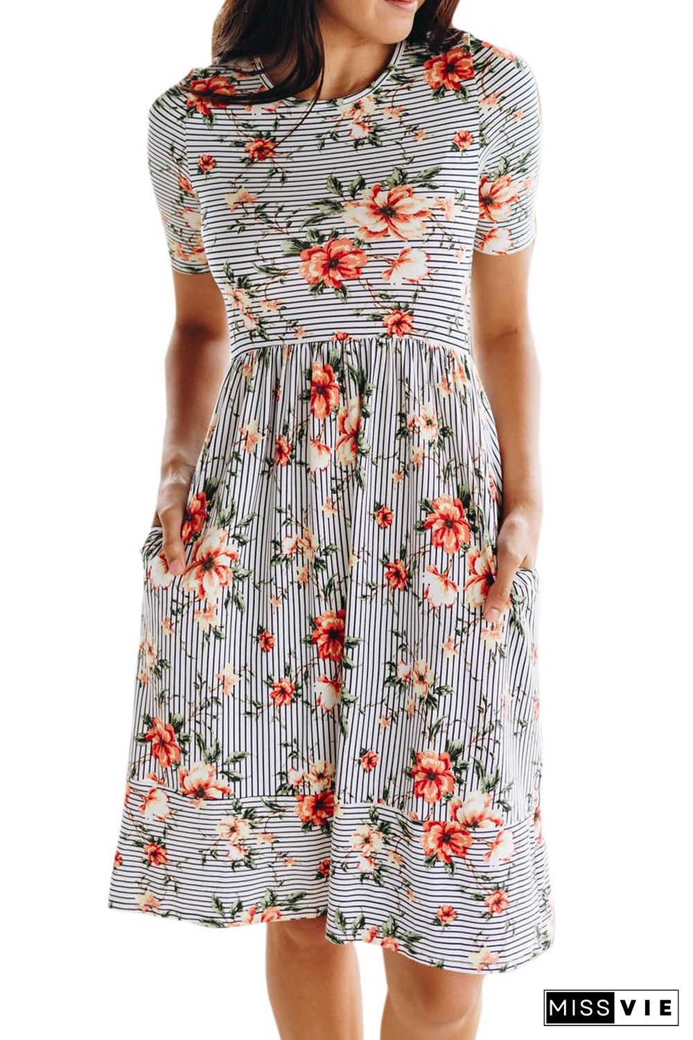 Striped Flower Short Sleeve Flowy Midi Dress