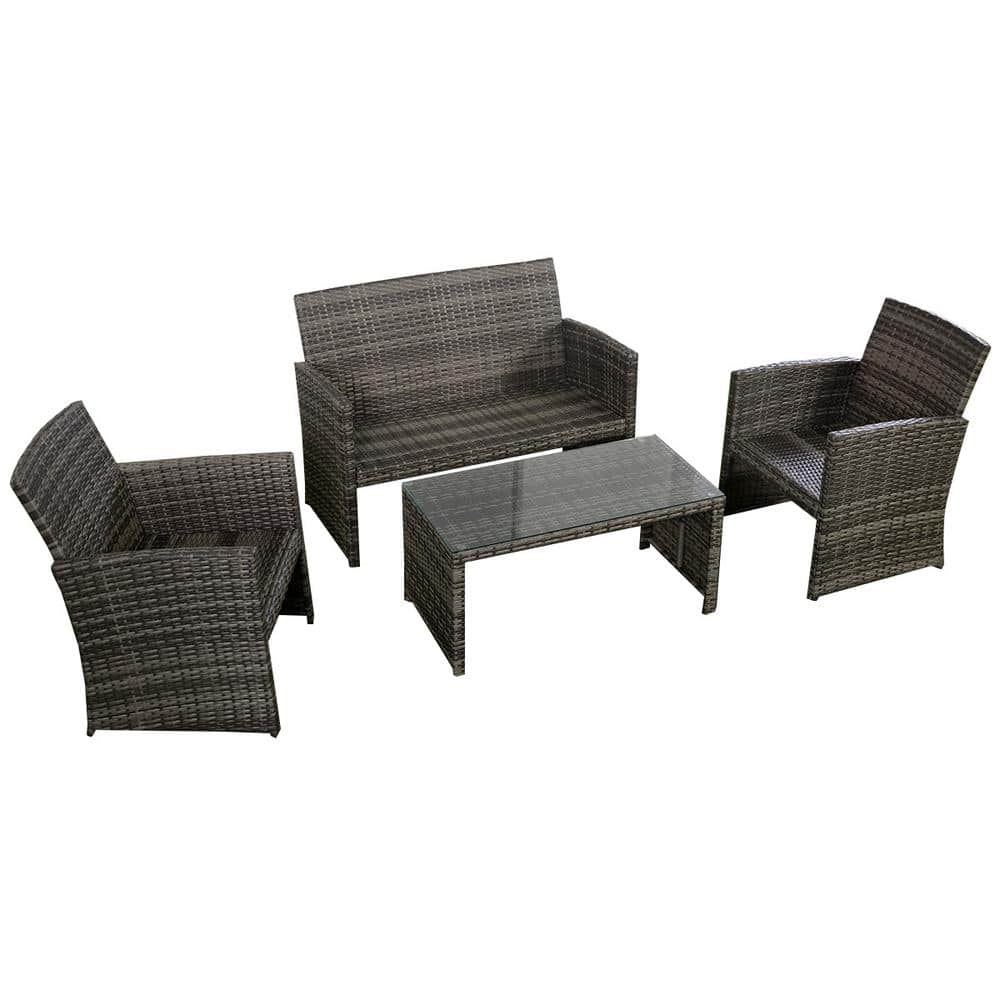 Costway Mix Gray 4-Piece Rattan Wicker Patio Conversation Set with Beige White Cushions Garden Lawn Furniture HW50276