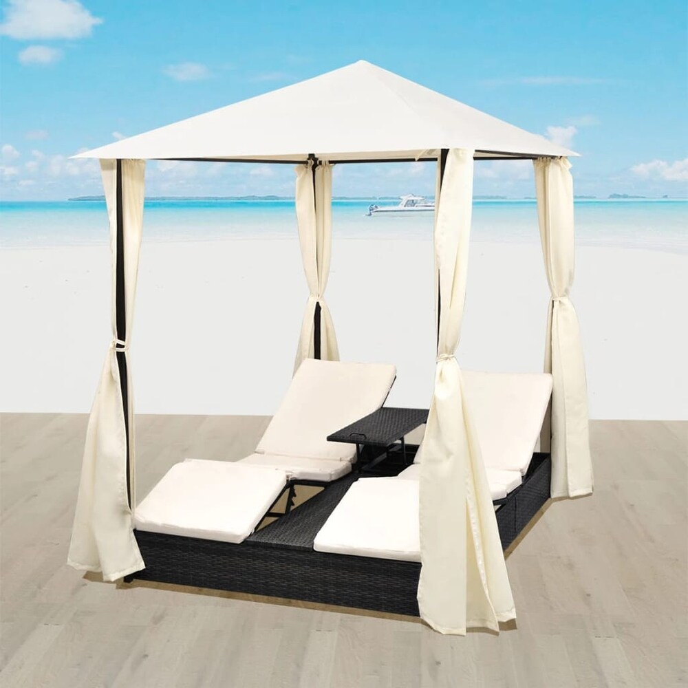 vidaXL Double Sun Lounger with Curtains Poly Rattan Black   77.6\