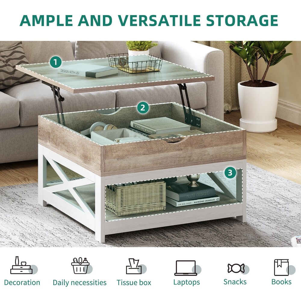 Moasis Farmhouse Lift Top Square Coffee Table with Storage and Shelf