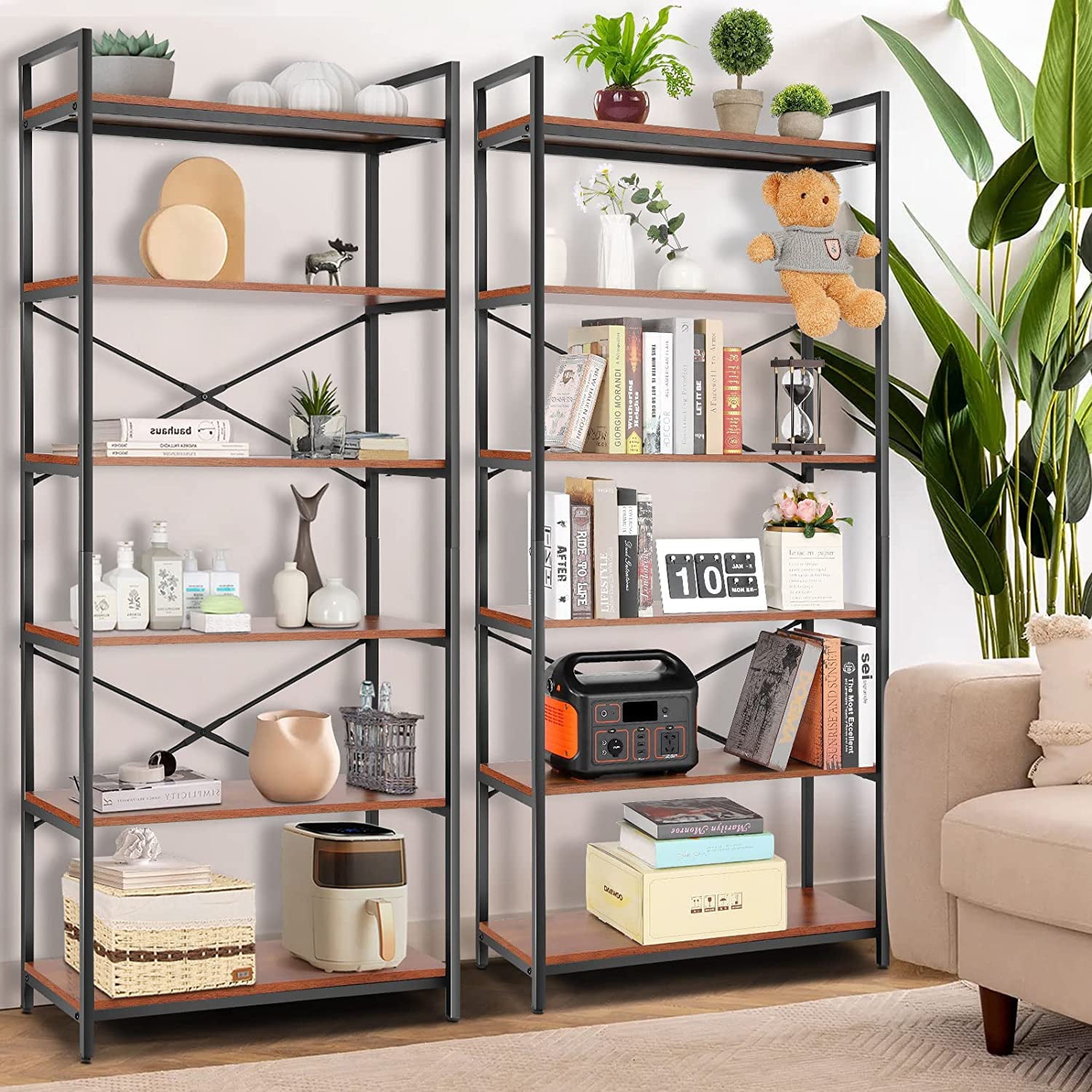 6 Tier Bookshelf Industrial Book Shelves Wall Storage Organizer Wooden Bookcase, Adjustable Metal Wood Shelving Unit Rack with Feet Pad for Home Office Kitchen Bathroom Study Room