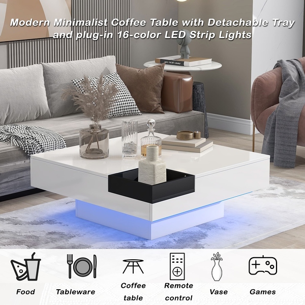 Square Coffee Table with Detachable Tray and Plug-in 16-color LED Strip Lights Remote Control Sofa Table for Living Room