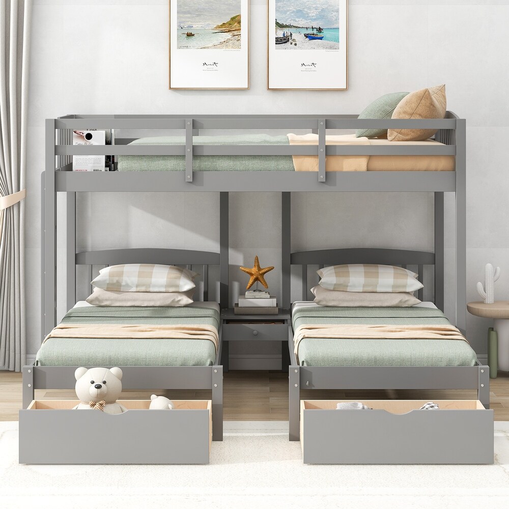 Gray Full over Twin   Twin Bunk Bed Triple Bunk Bed with Drawers