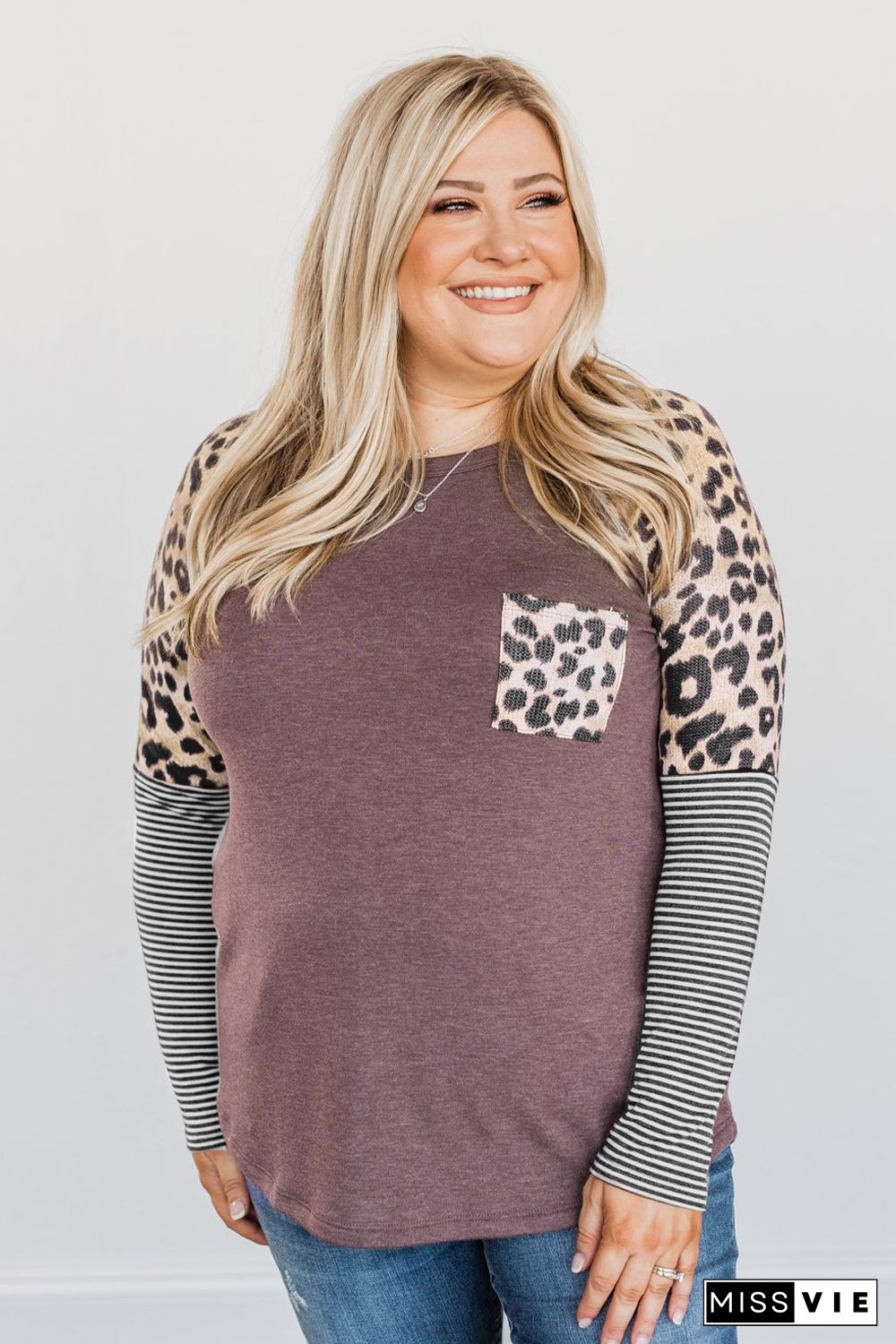 Brown Plus Size Leopard Pocket Top