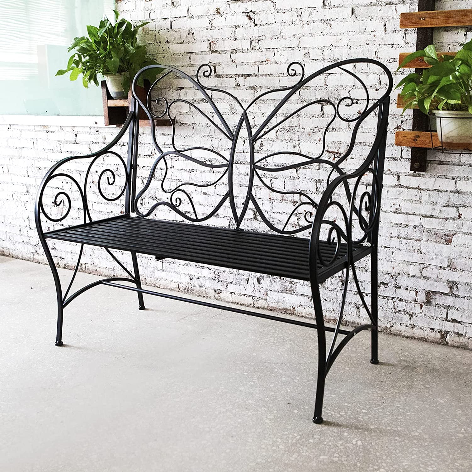 Metal Antique Outdoor Garden Bench Leisure Butterfly Bench, Black