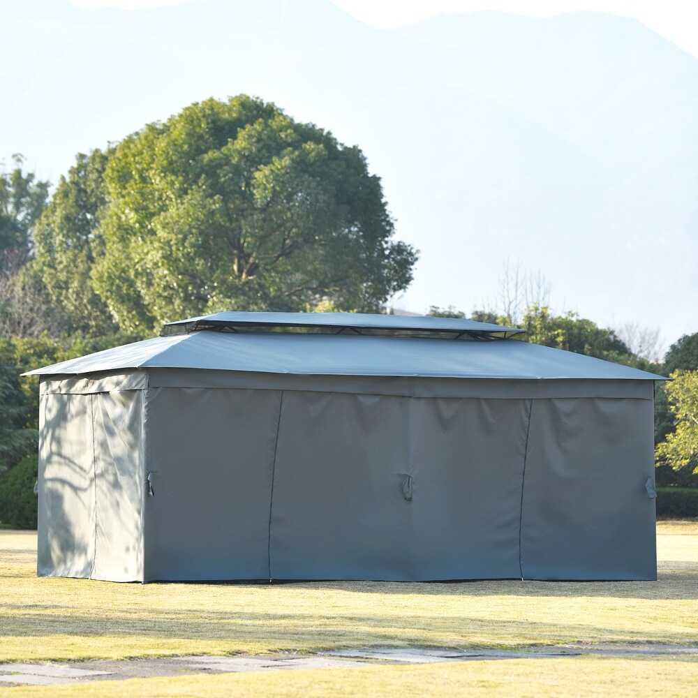 Gray 9 x 18 ft Oxford Cloth Gazebo with Double Top  Mosquito Nets  UV Proof