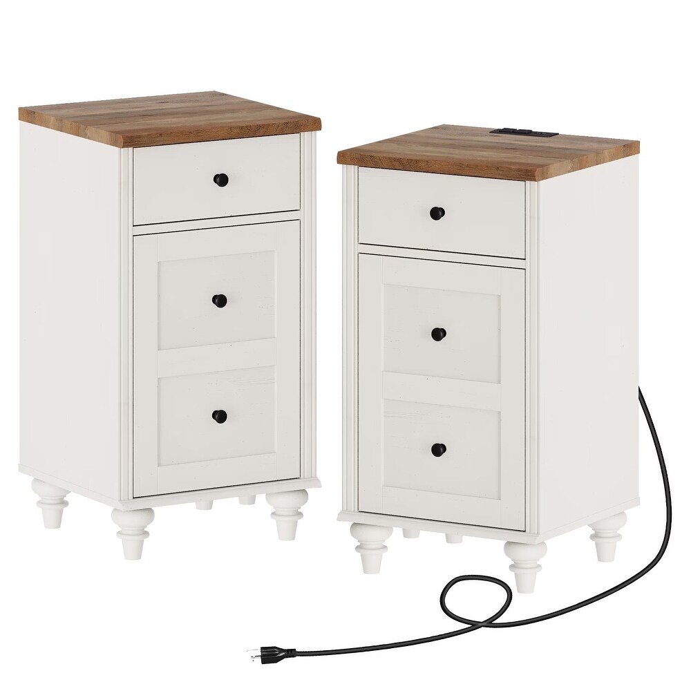 Set of 2 End Tables with Charging Station   Drawer Storage Cabinet