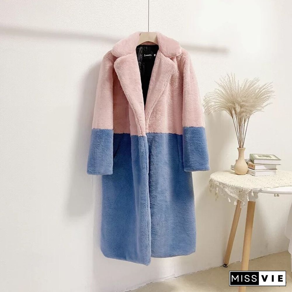 Winter Plus Size Patchwork Faux Fur Long Coat Women Elegant Turn Down Collar Thick Oversize Outwears Female Furry Jacket 5XL