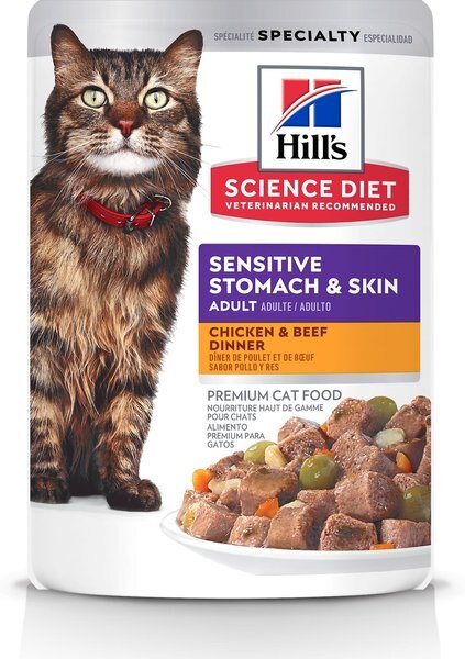 Hill's Science Diet Adult Sensitive Stomach and Skin Chicken and Beef Wet Cat Food， 2.8-oz pouch， case of 24