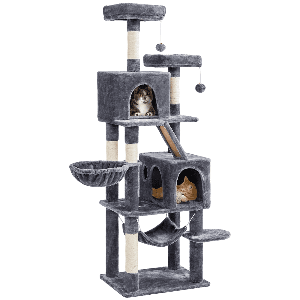 SMILE MART 71″ H Multi-Level Large Cat Tree with 2 Cozy Perches 2 Condos，Dark Gray