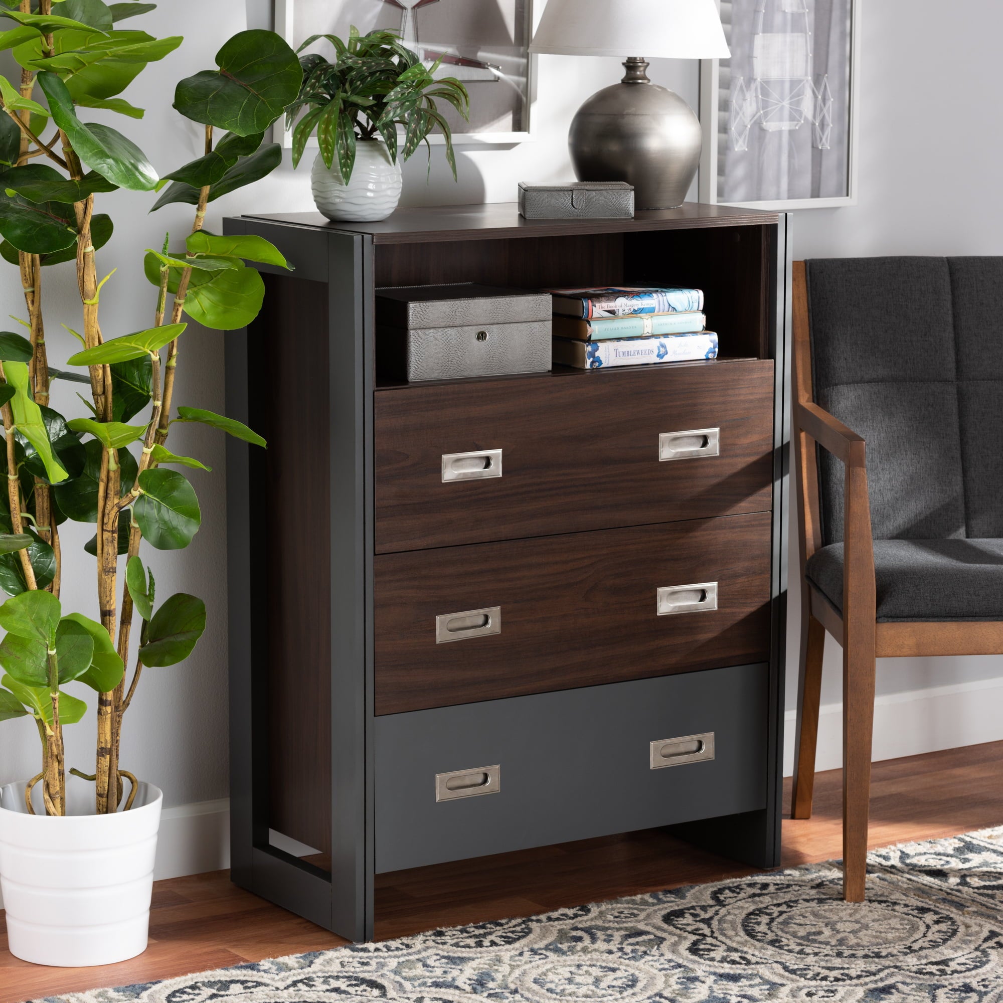 Baxton Studio Elliot Modern and Contemporary Two-Tone Walnut and Grey Finished Wood 3-Drawer Chest