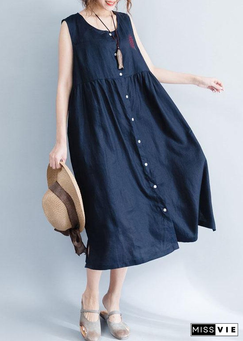 Women navy patchwork linen cotton clothes For Women sleeveless Maxi summer Dress