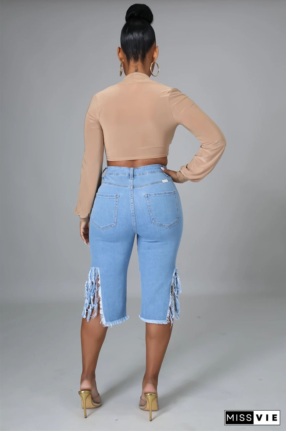 Tassel Ripped Stretch Crop Jeans Denim Shorts