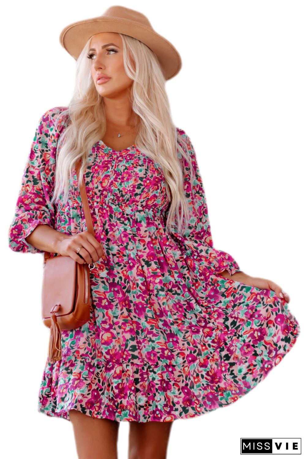 Purple Smocked V Neck Puffy Sleeve Floral Dress