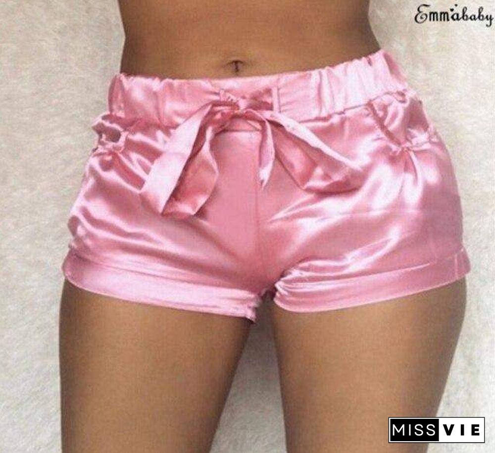 Sexy High Waist Bodycon Sleep Wear Summer Pink Silk Satin Shorts Women Flannel Short Pants Pantalones Fitness biker shorts