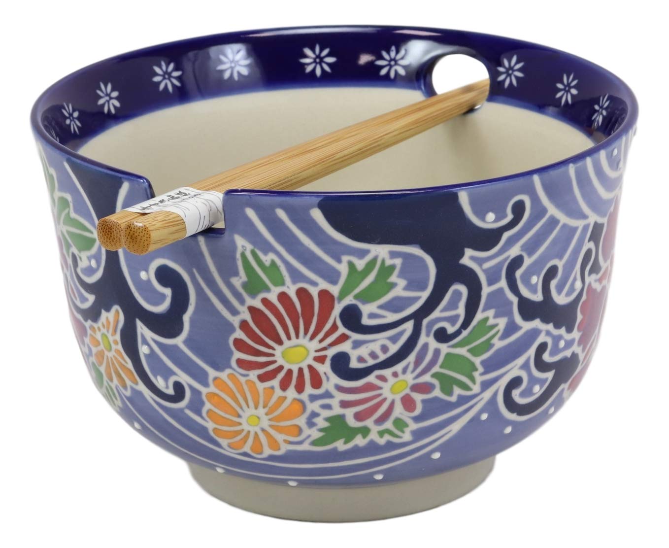 Blue Floral Breeze Ramen Noodles Large 6.25D Pho Soup Bowl With Chopsticks Set