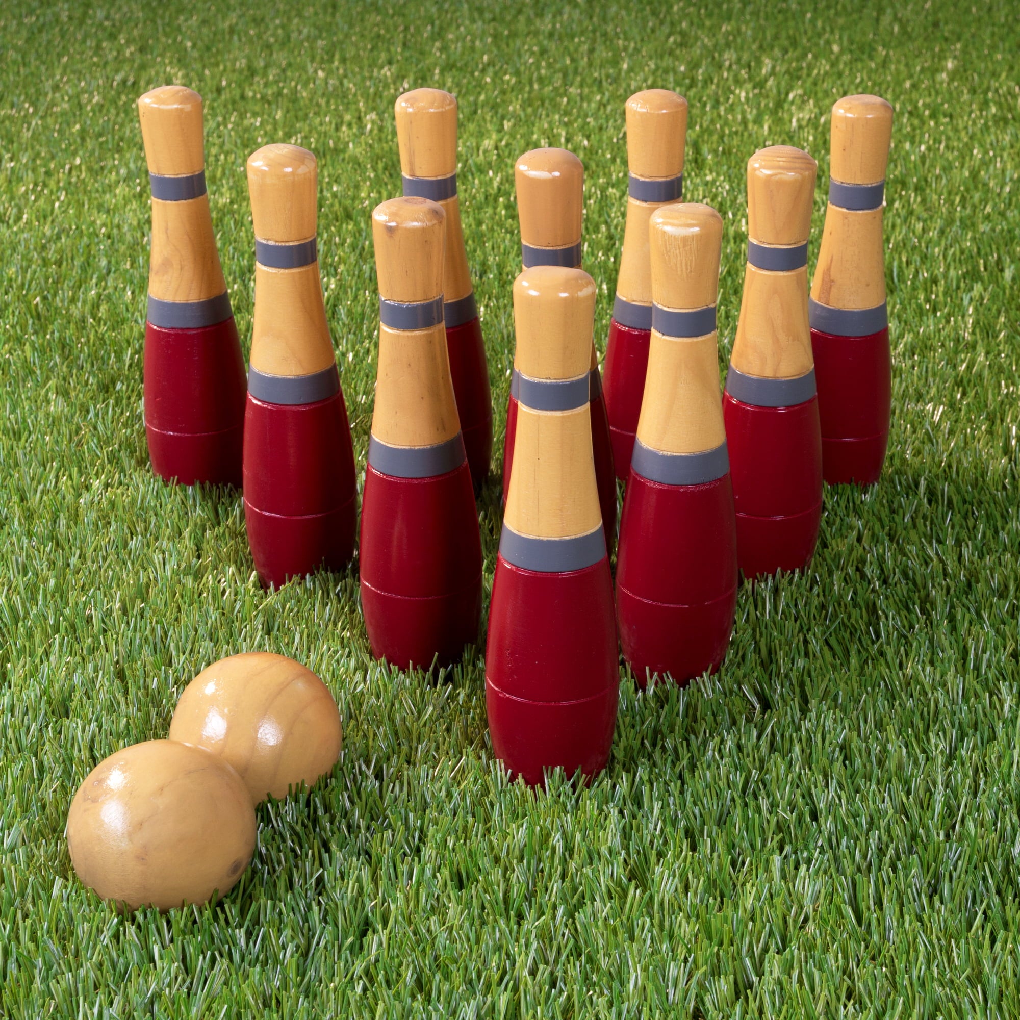 Lawn Bowling Game/Skittle Ball- Indoor and Outdoor Fun for Toddlers， Kids， Adults Â–10 Wooden Pins， 2 Balls， and Mesh Bag Set by Hey! Play! (8 Inch)