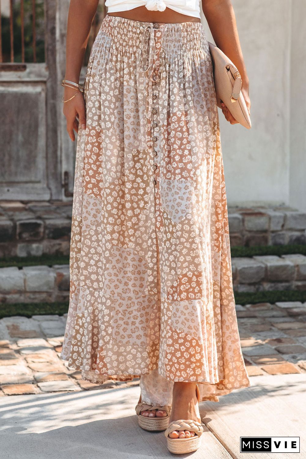 Apricot Boho Flower Print Smocked Waist Button Slit Maxi Skirt