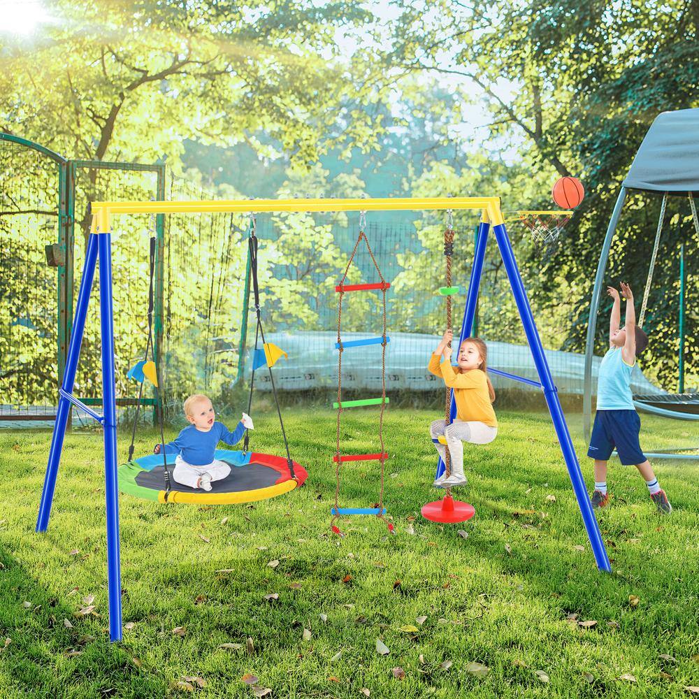 Metal Outdoor Swing Set with Disc Tree Swing Playset and Basketball Hoop LN20232333