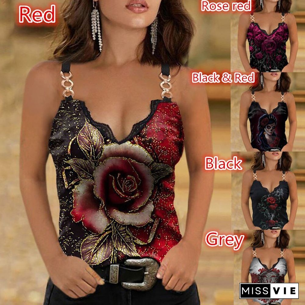 Ladies Fashion Summer Lace Sleeveless V-neck Rose Flower Print Sling Casual Vest Tank Top