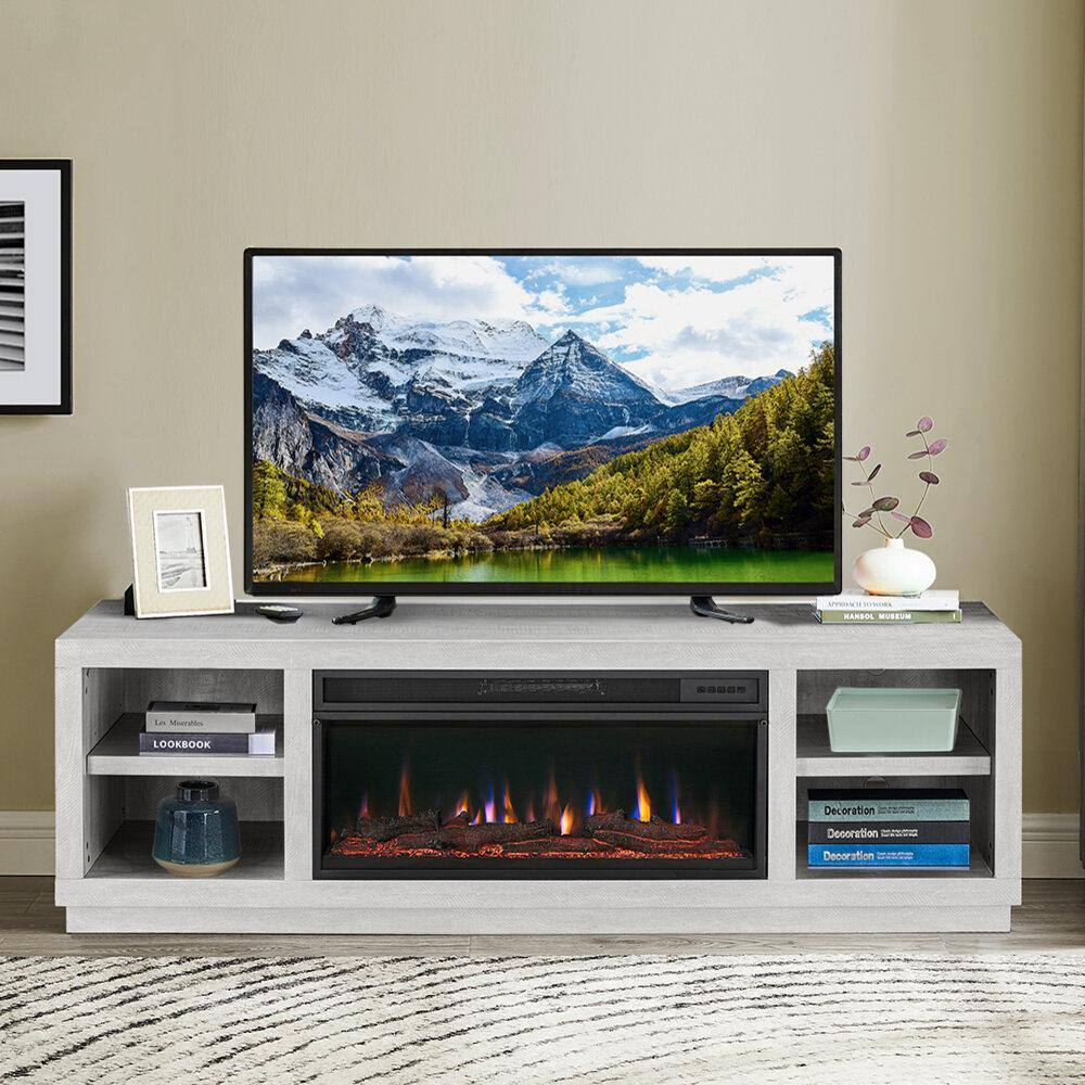 FESTIVO 77 in. Freestanding Electric Fireplace TV Stand in Saw Cut Off White FTS21220