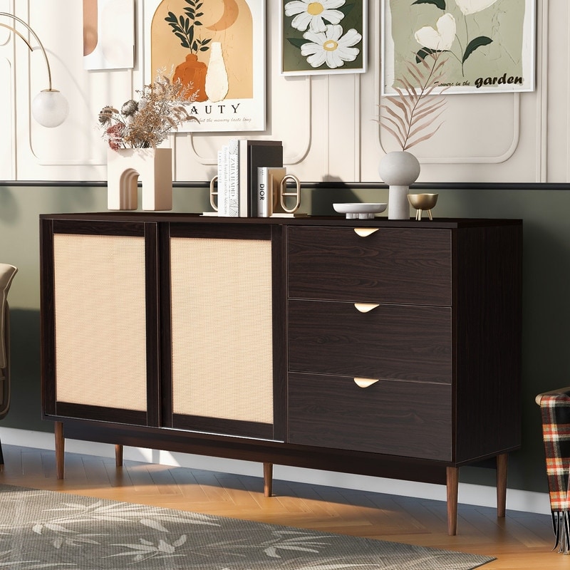 Modern Rattan Storage Sideboard Cabinet with Three Drawers