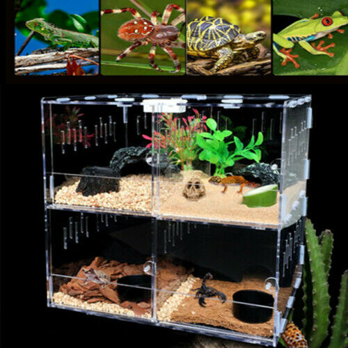 OUKANING 4 Grid Acrylic Pet Reptile Cage Enclosure Feeding Breeding Tank Lizard Frog Tank