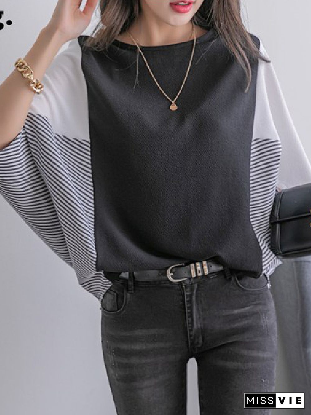 Batwing Sleeves Loose Contrast Color Split-Joint Round-Neck T-Shirts Tops