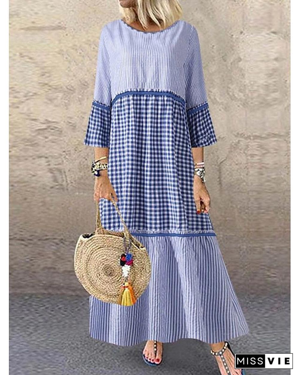 Women's Shift Dress Maxi long Dress Long Sleeve Striped Patchwork Summer Hot Casual Cotton Black Blue M L XL XXL 3XL 4XL 5XL