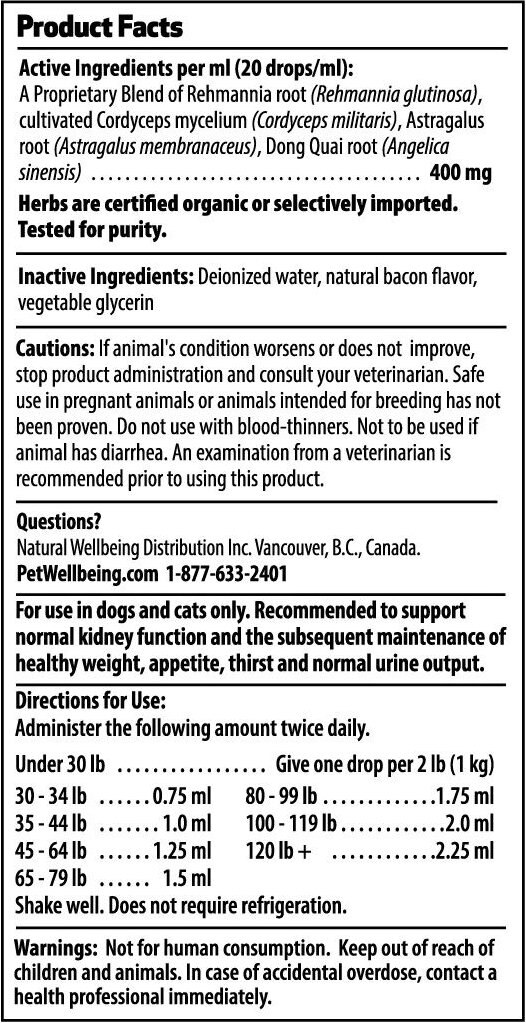 Pet Wellbeing Kidney Support GOLD Bacon Flavored Liquid Kidney Supplement for Dogs and Cats