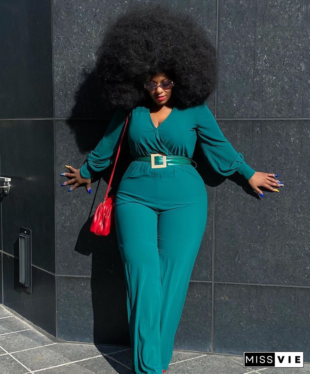 Long Sleeve V-neck Plus Size Wide Leg Jumpsuit