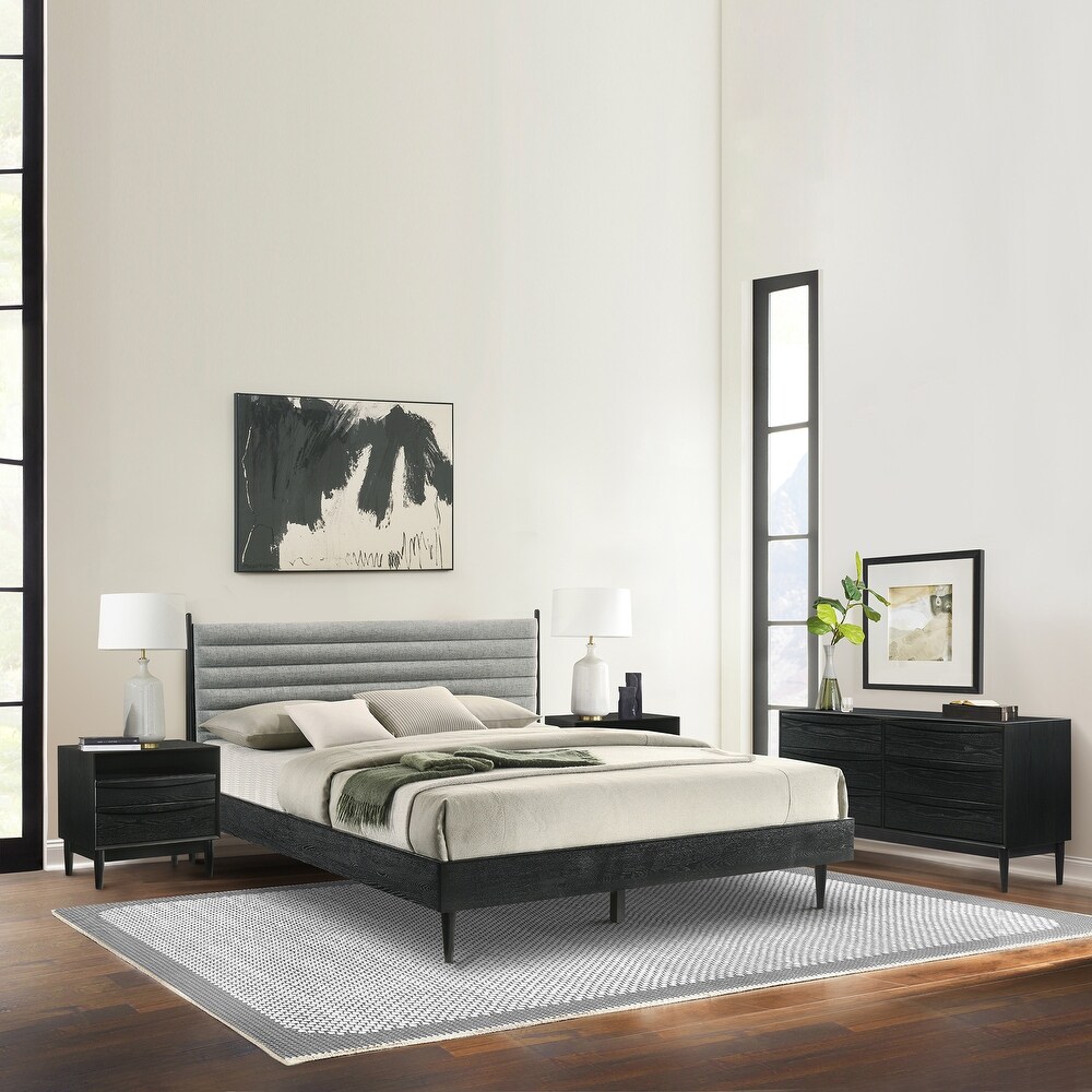 Artemio Black or Walnut Wood 4 Piece Bedroom Set with Grey Upholstered Headboard