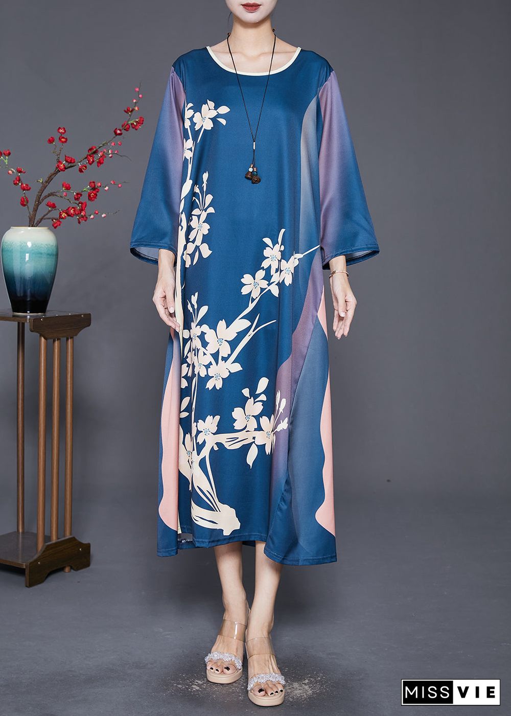 Beautiful Navy Oversized Print Silk Long Dress Fall