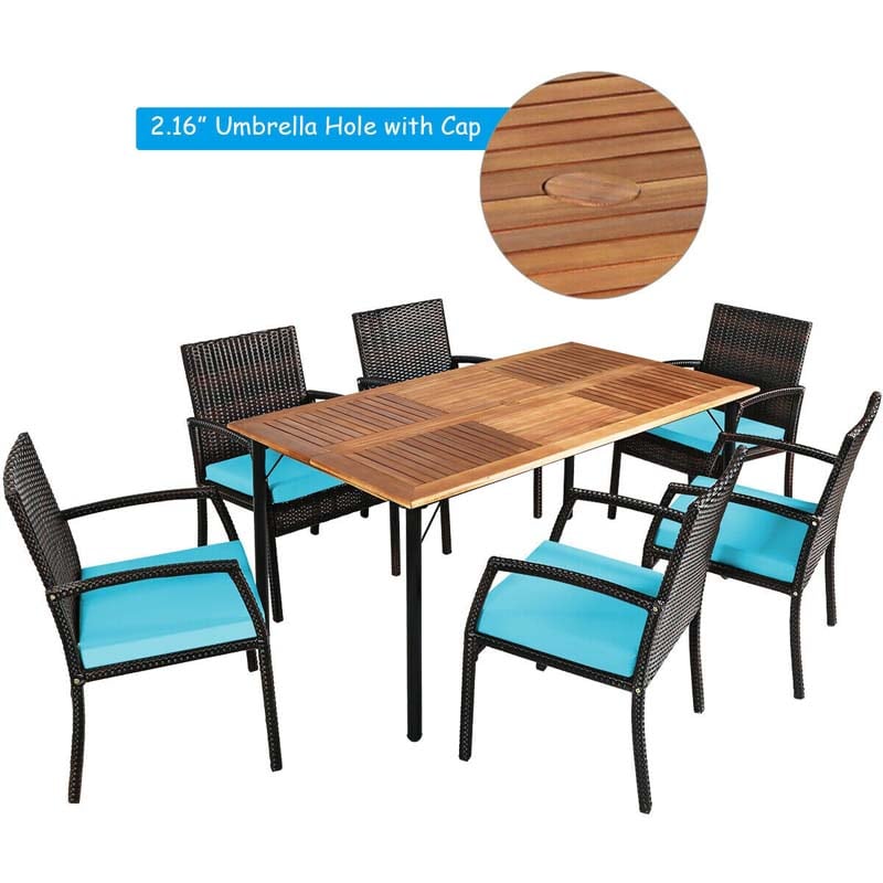 7 Pcs Rattan Patio Dining Set with Umbrella Hole, Acacia Wood Tabletop, Cushioned Chairs