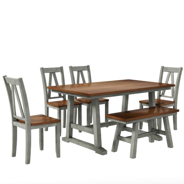 Farmhouse 6 piece Wood Dining Table Set With Long Bench And 4 Dining Chairs modernluxe