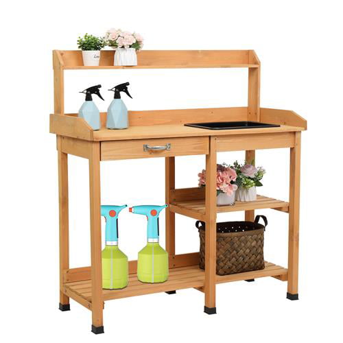 VINGLI Wood Garden Potting Benches with Sink, Shelf for Garden Yellow