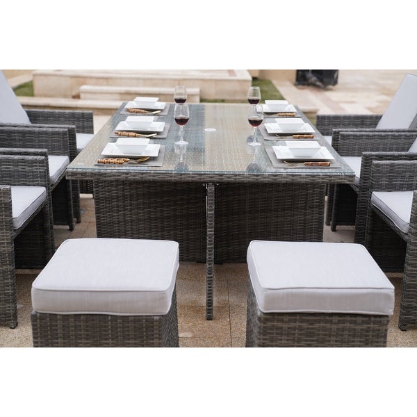 11-pc. Outdoor Patio Wicker Dining Table Set w/ Chairs and Ottomans -  - 19983697