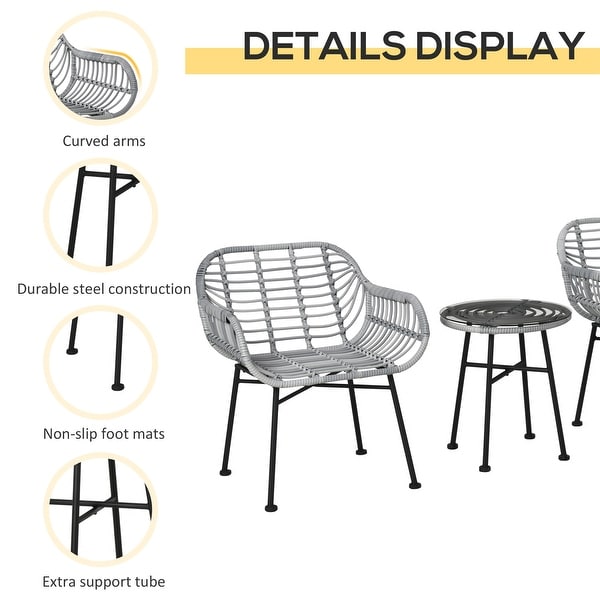 3 Piece Patio Set，PE Rattan Wicker Chairs and Table with Tempered Glass