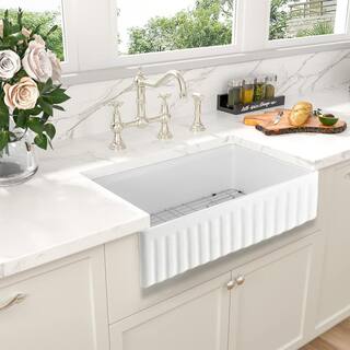 PROOX White Fireclay 33 in. Single Bowl Farmhouse Apron Kitchen Sink with Bottom Grid and Basket Strainer PRCASRX8280WH